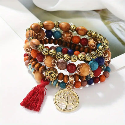 ¡Vibra con Estilo Boho y Energía Positiva! Pulsera Hecha a Mano con Borlas, Piedra Turquesa y Colgante del Árbol de la Vida - ¡El Regalo Ideal para Mujeres con Espíritu Libre! 💙🌿