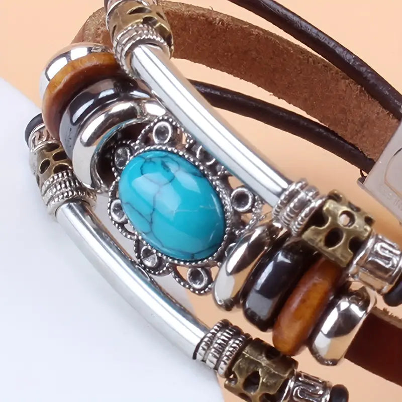 Pulsera Boho Divertida: Cuero Turquesa Verde y Acero Inoxidable para un Toque de Estilo