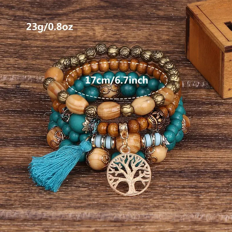 ¡Vibra con Estilo Boho y Energía Positiva! Pulsera Hecha a Mano con Borlas, Piedra Turquesa y Colgante del Árbol de la Vida - ¡El Regalo Ideal para Mujeres con Espíritu Libre! 💙🌿