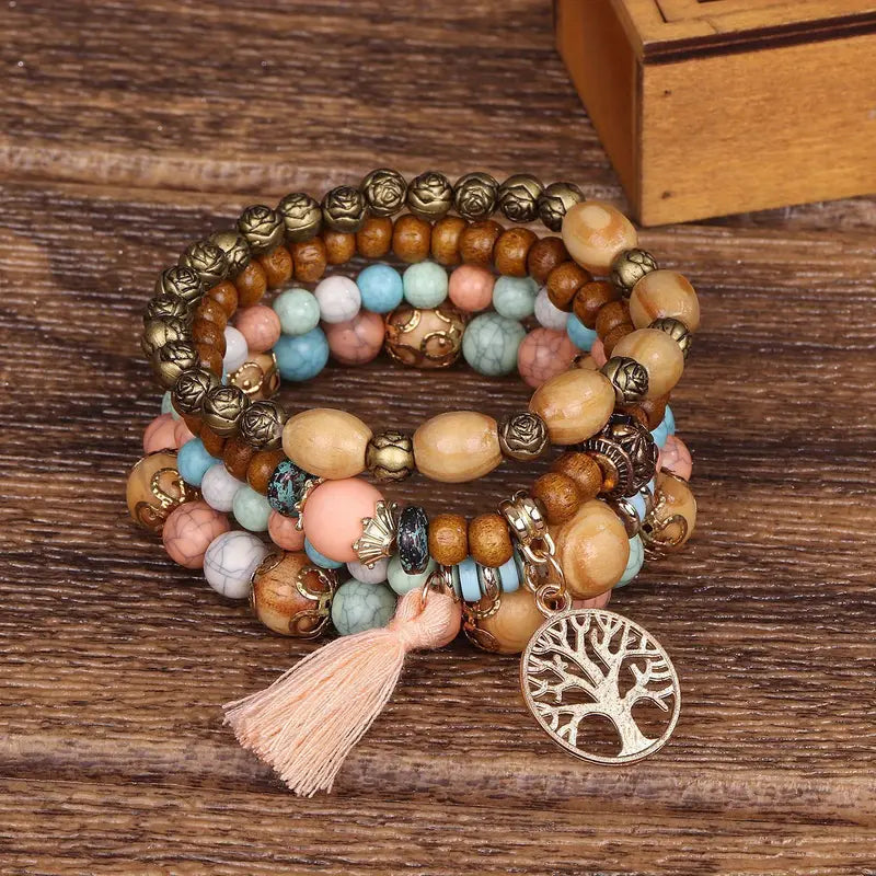 ¡Vibra con Estilo Boho y Energía Positiva! Pulsera Hecha a Mano con Borlas, Piedra Turquesa y Colgante del Árbol de la Vida - ¡El Regalo Ideal para Mujeres con Espíritu Libre! 💙🌿