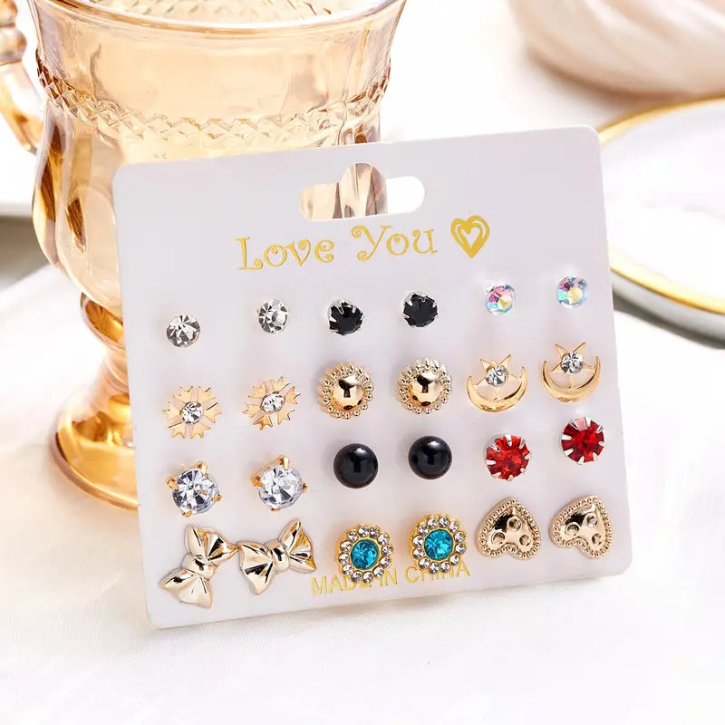 ¡Dulce Encanto! Set de 12 Pares de Aretes de Fresa y Corazón con Perlas de Imitación