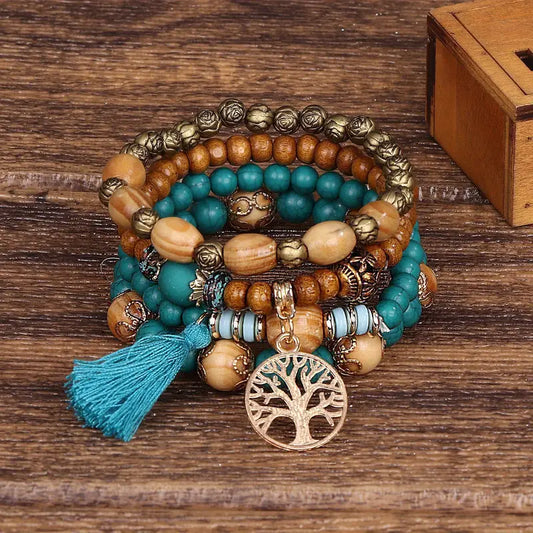 ¡Vibra con Estilo Boho y Energía Positiva! Pulsera Hecha a Mano con Borlas, Piedra Turquesa y Colgante del Árbol de la Vida - ¡El Regalo Ideal para Mujeres con Espíritu Libre! 💙🌿