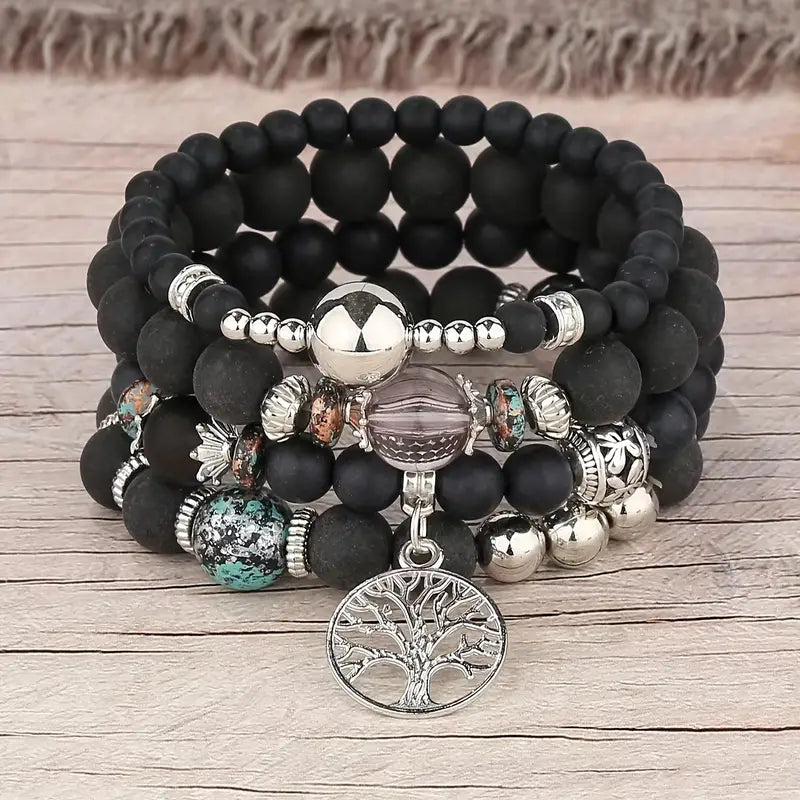 ¡Vibra con la Naturaleza! Set Boho de Pulseras Árbol de la Vida: 4 Piezas en Púrpura Mágico