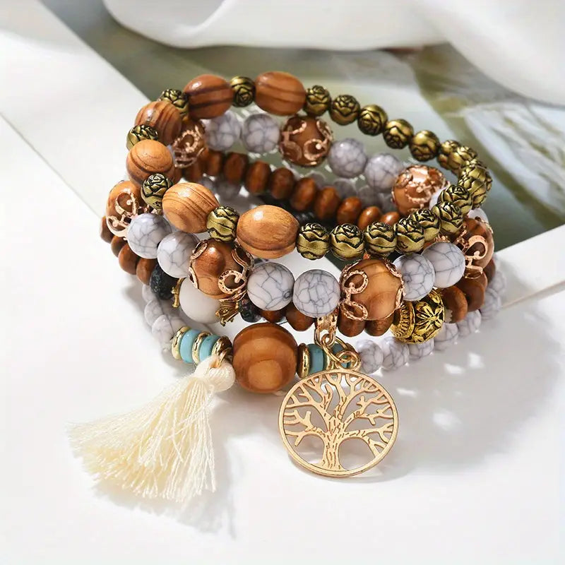 ¡Vibra con Estilo Boho y Energía Positiva! Pulsera Hecha a Mano con Borlas, Piedra Turquesa y Colgante del Árbol de la Vida - ¡El Regalo Ideal para Mujeres con Espíritu Libre! 💙🌿